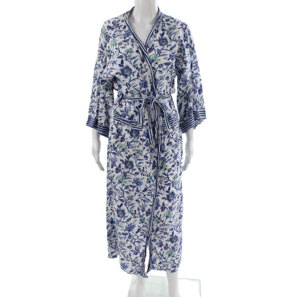 Designer Women Kimono Dress Blue Floral Cotton V-Neck 3/4 Sleeve Midi Size M
